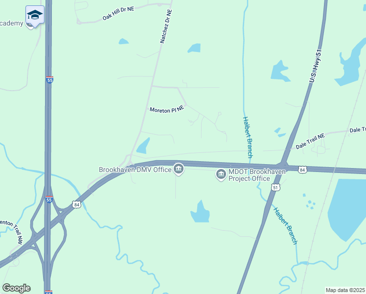 map of restaurants, bars, coffee shops, grocery stores, and more near Old Highway 51 in Brookhaven