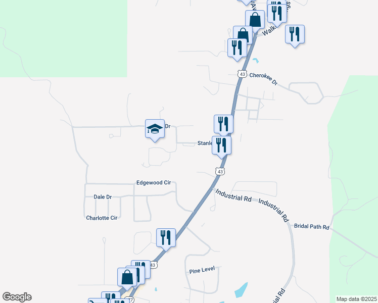 map of restaurants, bars, coffee shops, grocery stores, and more near 377 Stanley Drive in Jackson