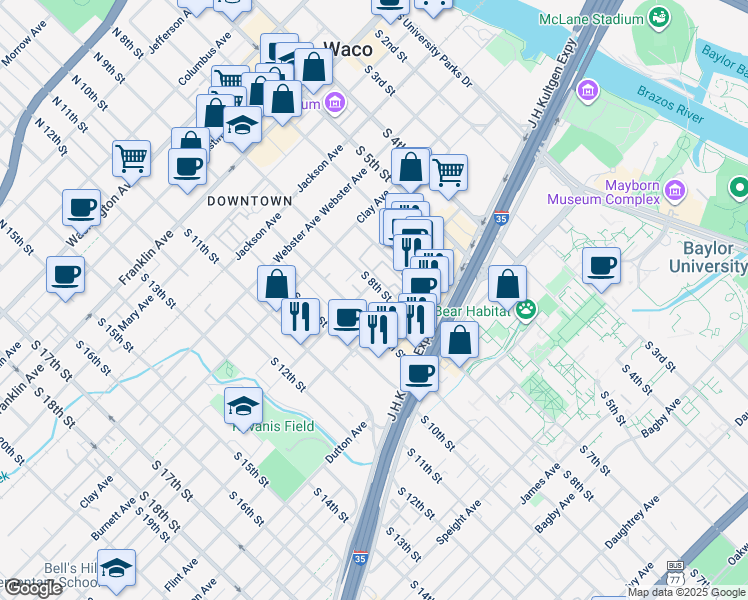 map of restaurants, bars, coffee shops, grocery stores, and more near 805s South 8th Street in Waco