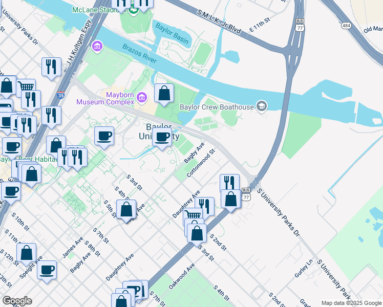 map of restaurants, bars, coffee shops, grocery stores, and more near Cub Trail in Waco