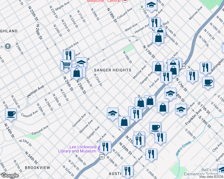 map of restaurants, bars, coffee shops, grocery stores, and more near 2226 Gorman Ave in Waco