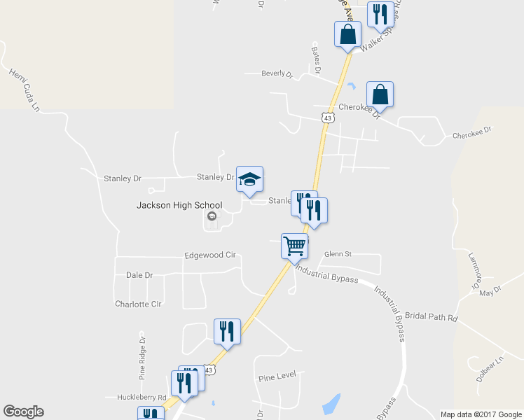 map of restaurants, bars, coffee shops, grocery stores, and more near 377 Stanley Drive in Jackson