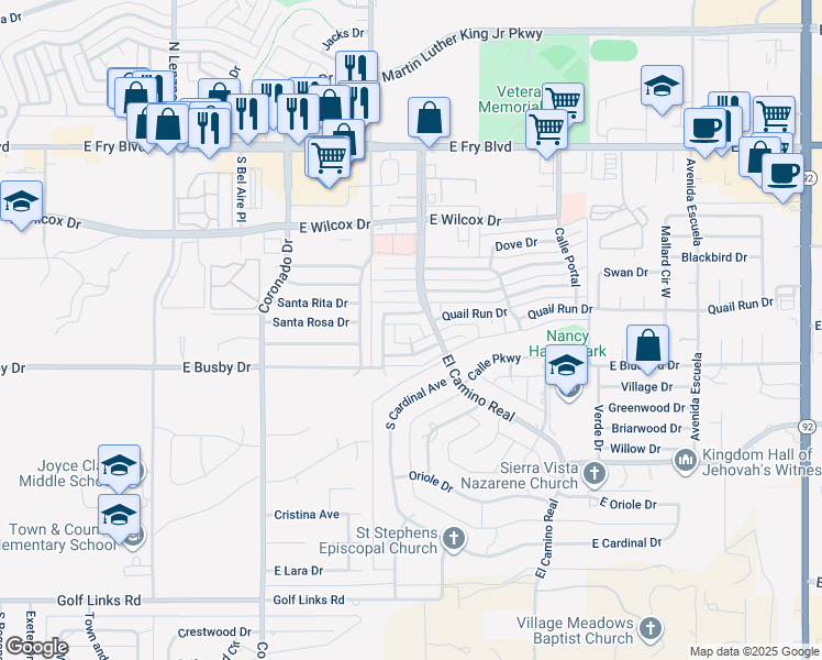 map of restaurants, bars, coffee shops, grocery stores, and more near 2601 Paseo Media in Sierra Vista