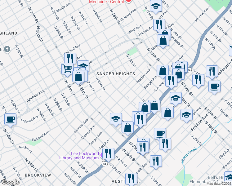 map of restaurants, bars, coffee shops, grocery stores, and more near 2226 Gorman Ave in Waco
