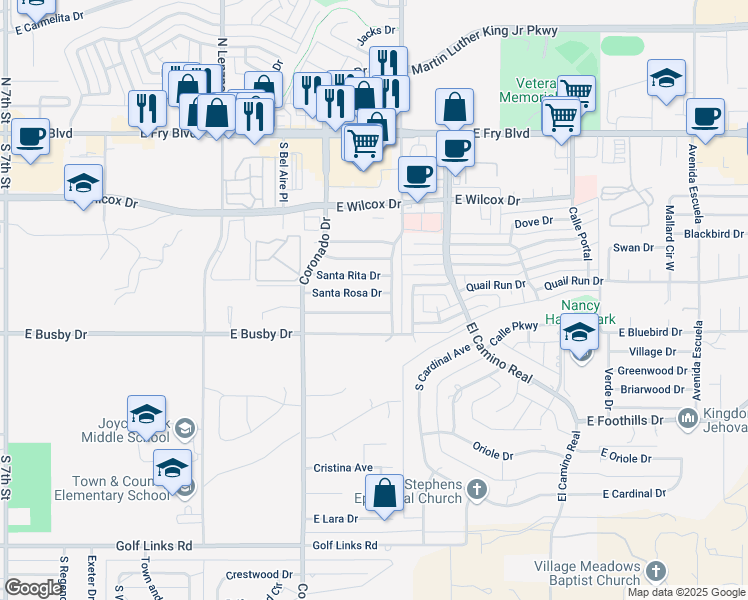 map of restaurants, bars, coffee shops, grocery stores, and more near 2248 East Santa Teresa Drive in Sierra Vista