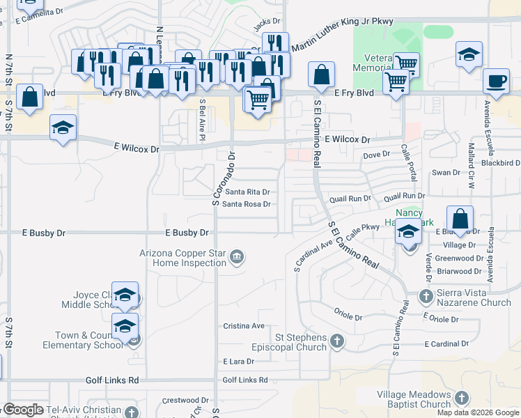 map of restaurants, bars, coffee shops, grocery stores, and more near 2248 East Santa Teresa Drive in Sierra Vista