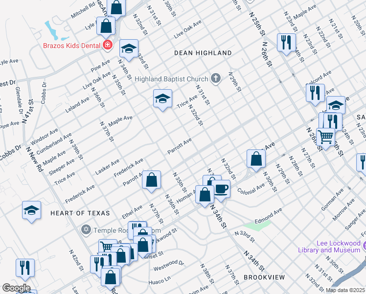 map of restaurants, bars, coffee shops, grocery stores, and more near 3401 Colcord Avenue in Waco