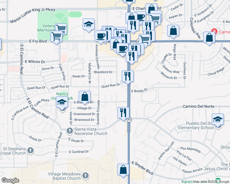 map of restaurants, bars, coffee shops, grocery stores, and more near 3959 Mallard Place in Sierra Vista