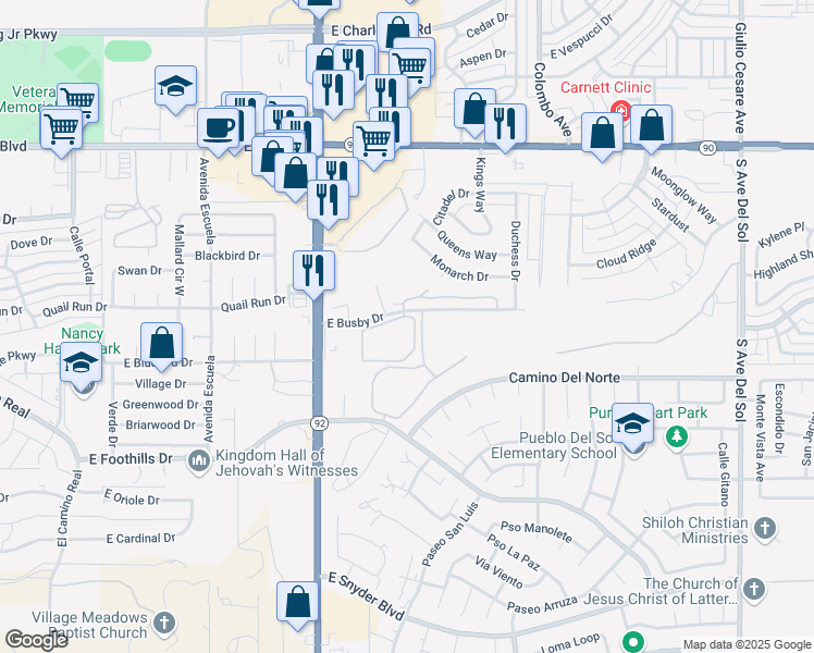 map of restaurants, bars, coffee shops, grocery stores, and more near 4250 East Busby Drive in Sierra Vista