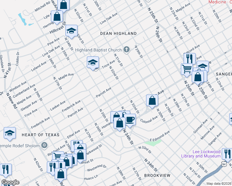 map of restaurants, bars, coffee shops, grocery stores, and more near 3304 Colcord Avenue in Waco