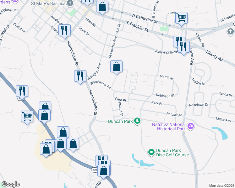 map of restaurants, bars, coffee shops, grocery stores, and more near 100-198 Park Place in Natchez