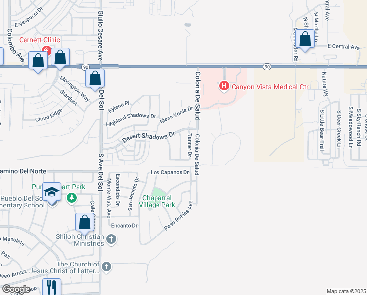 map of restaurants, bars, coffee shops, grocery stores, and more near 663 Temple Drive in Sierra Vista