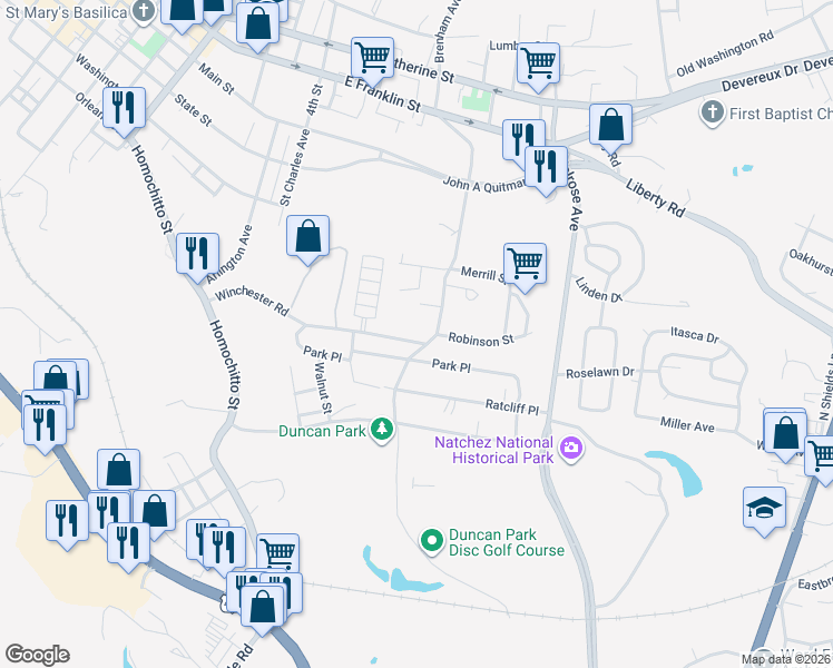 map of restaurants, bars, coffee shops, grocery stores, and more near 127 Auburn Avenue in Natchez