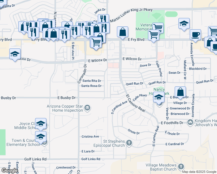map of restaurants, bars, coffee shops, grocery stores, and more near 664 Calle Del Norte in Sierra Vista