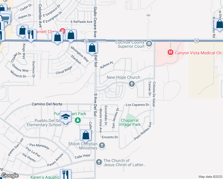 map of restaurants, bars, coffee shops, grocery stores, and more near 5307 Paseo Cielo in Sierra Vista