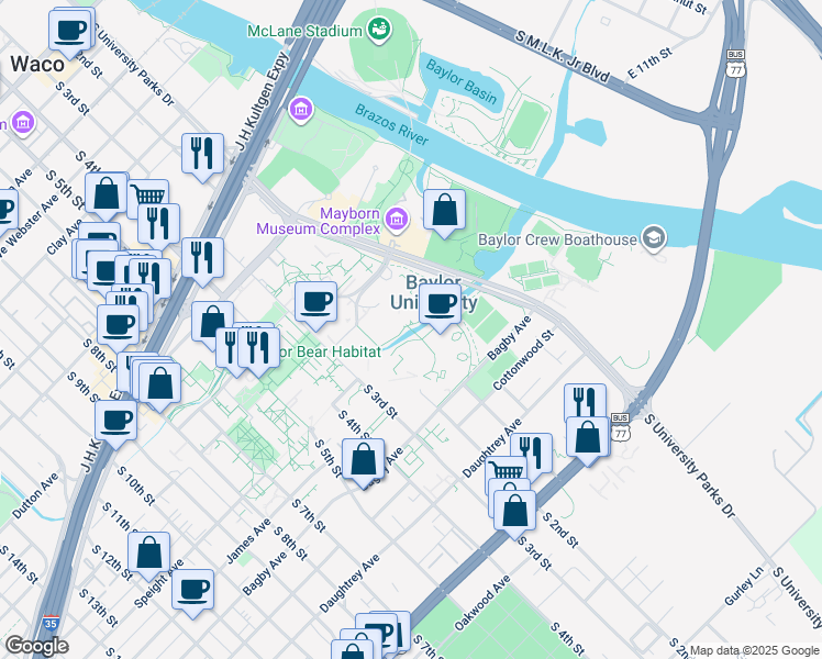 map of restaurants, bars, coffee shops, grocery stores, and more near 1301 South University Parks Drive in Waco
