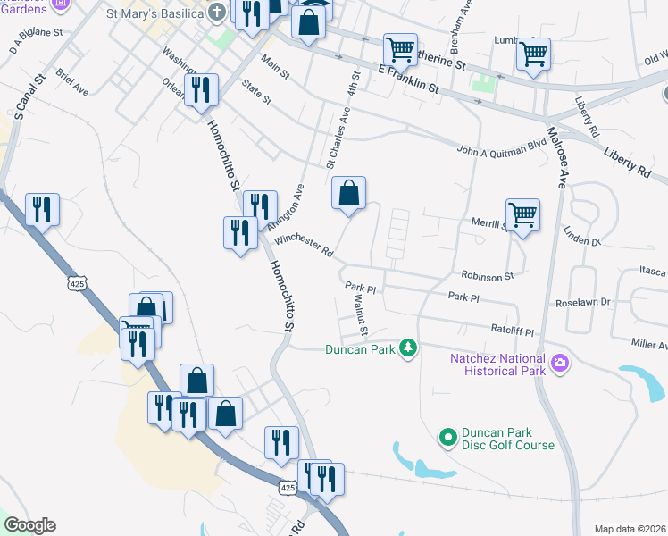 map of restaurants, bars, coffee shops, grocery stores, and more near 100 Park Place in Natchez