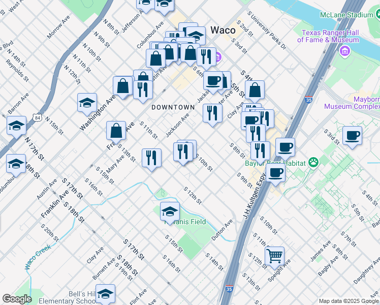 map of restaurants, bars, coffee shops, grocery stores, and more near 1001 Webster Avenue in Waco