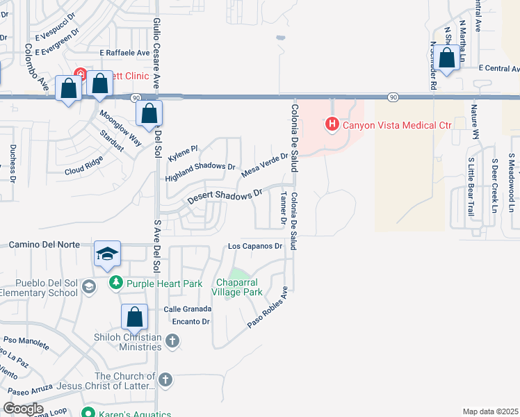 map of restaurants, bars, coffee shops, grocery stores, and more near 5441 Desert Willow Loop in Sierra Vista