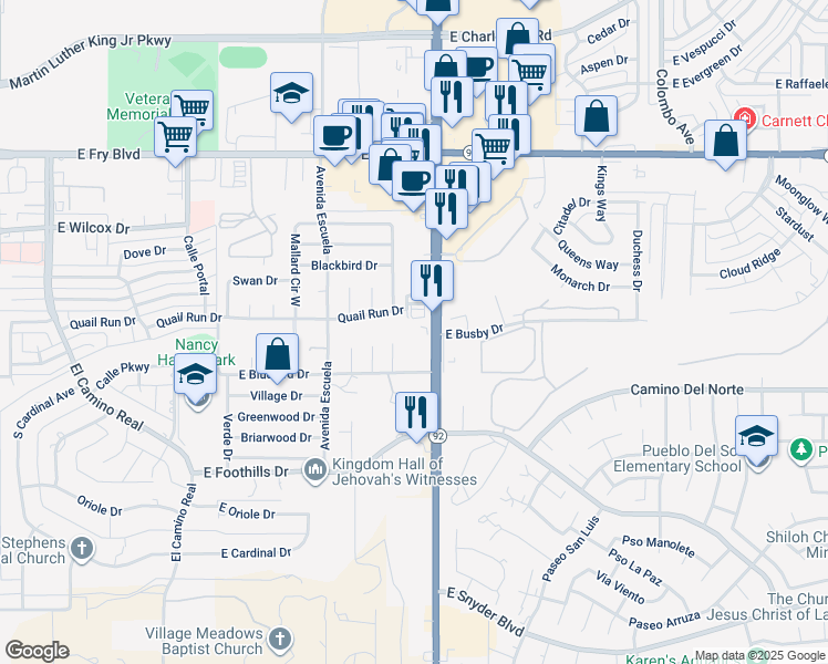 map of restaurants, bars, coffee shops, grocery stores, and more near 570-610 Route 92 in Sierra Vista