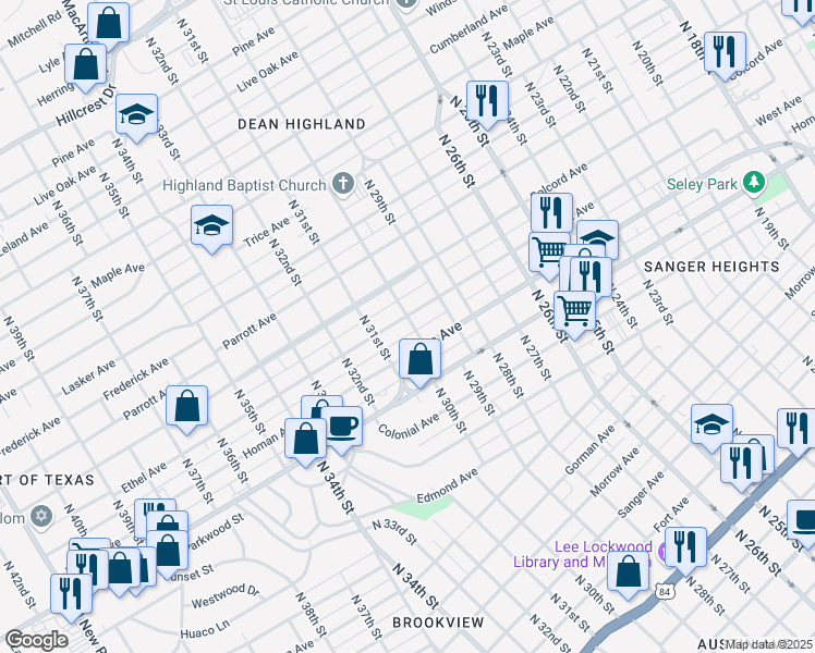 map of restaurants, bars, coffee shops, grocery stores, and more near 3000 Ethel Avenue in Waco