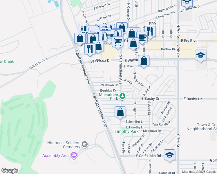 map of restaurants, bars, coffee shops, grocery stores, and more near 232 West Brown Drive in Sierra Vista