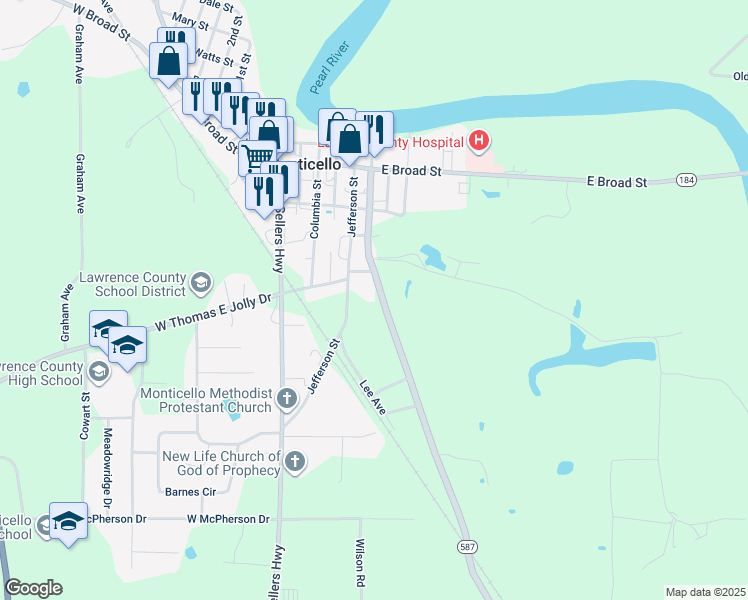 map of restaurants, bars, coffee shops, grocery stores, and more near 5953 Mississippi 587 in Monticello