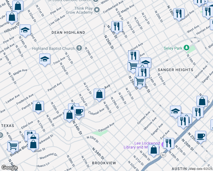 map of restaurants, bars, coffee shops, grocery stores, and more near 2900 Ethel Avenue in Waco
