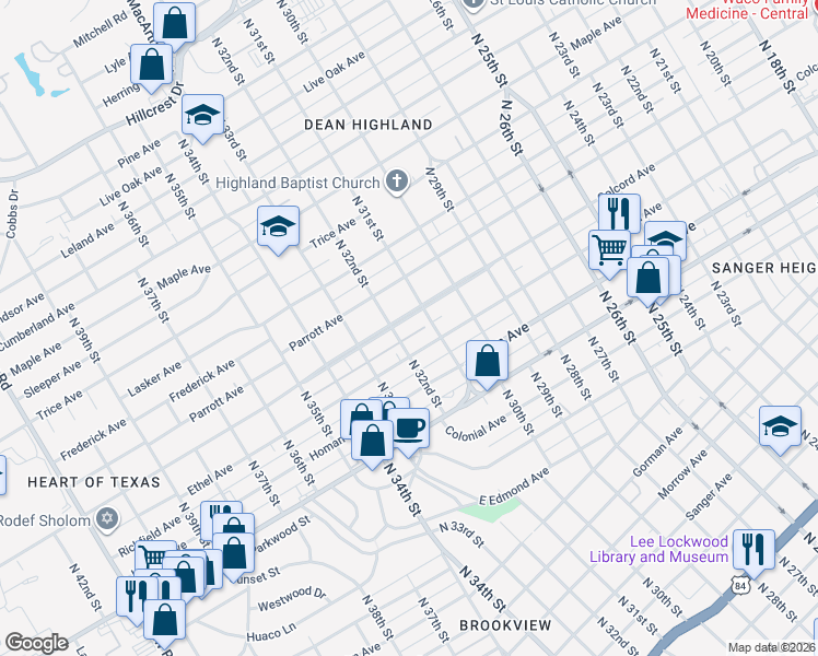 map of restaurants, bars, coffee shops, grocery stores, and more near 3117 Colcord Avenue in Waco