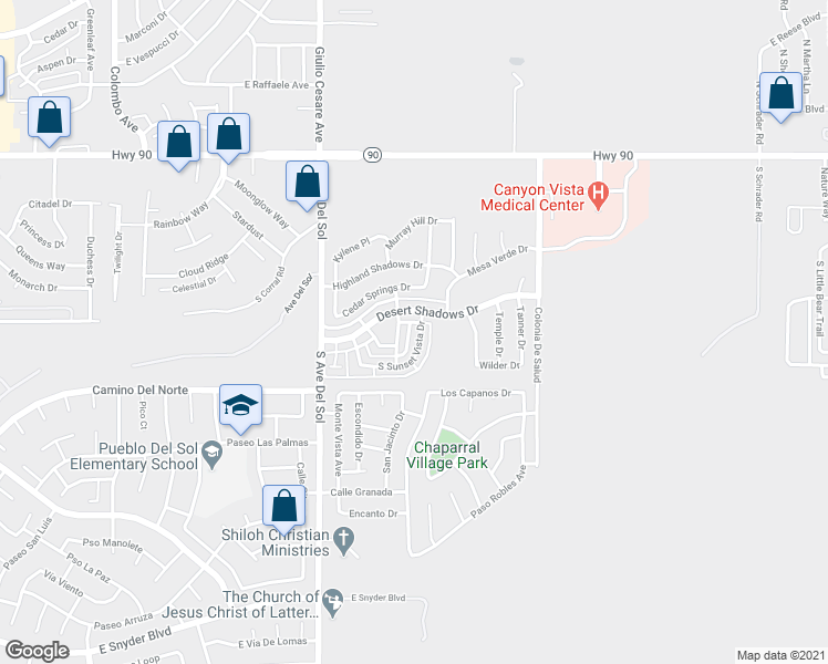 map of restaurants, bars, coffee shops, grocery stores, and more near 807 South Sunset Vista Drive in Sierra Vista