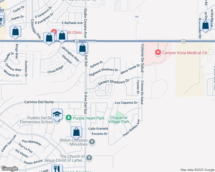 map of restaurants, bars, coffee shops, grocery stores, and more near 617 Via Entrada in Sierra Vista