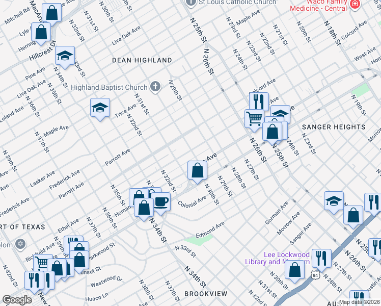 map of restaurants, bars, coffee shops, grocery stores, and more near 2925 Ethel Avenue in Waco