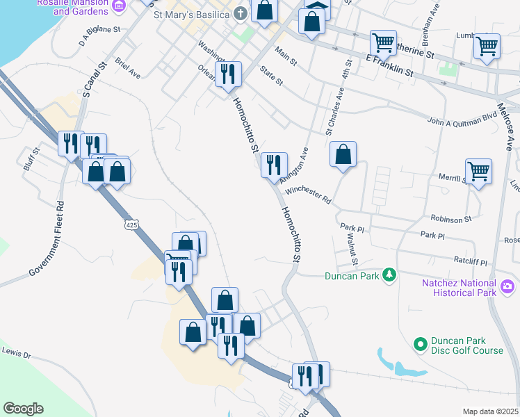 map of restaurants, bars, coffee shops, grocery stores, and more near 84 Homochitto Street in Natchez