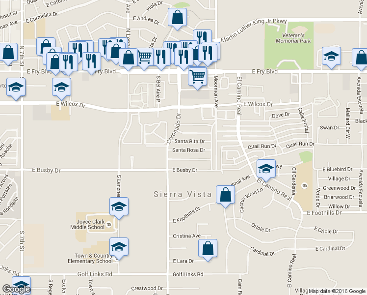 map of restaurants, bars, coffee shops, grocery stores, and more near 2055 Santa Rosa Drive in Sierra Vista
