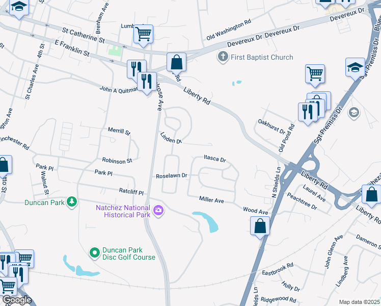 map of restaurants, bars, coffee shops, grocery stores, and more near 119 Brightwood Ave in Natchez