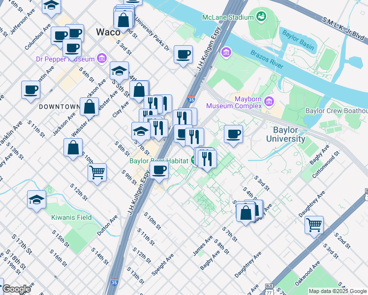 map of restaurants, bars, coffee shops, grocery stores, and more near 400-498 Dutton Ave in Waco