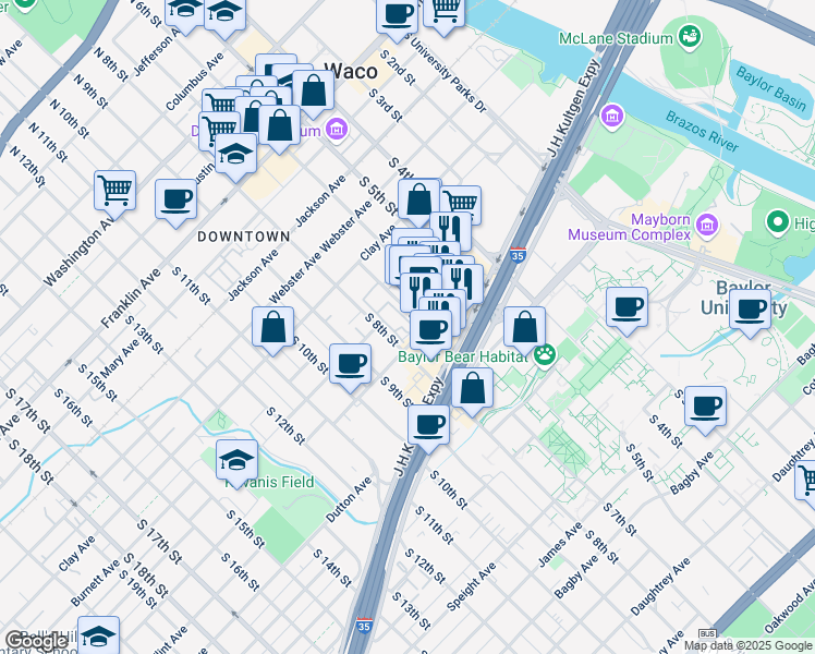 map of restaurants, bars, coffee shops, grocery stores, and more near 812 South 7th Street in Waco
