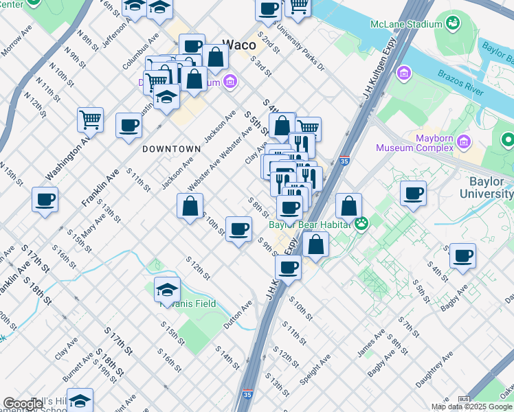 map of restaurants, bars, coffee shops, grocery stores, and more near 706 South 8th Street in Waco