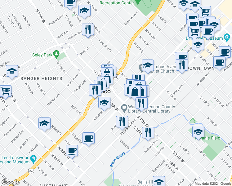 map of restaurants, bars, coffee shops, grocery stores, and more near 1609 Columbus Avenue in Waco