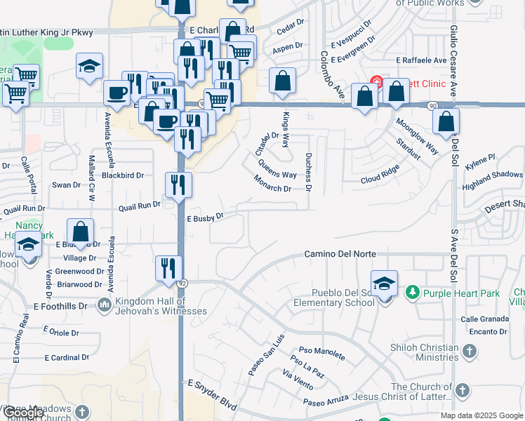 map of restaurants, bars, coffee shops, grocery stores, and more near 4400 East Busby Drive in Sierra Vista