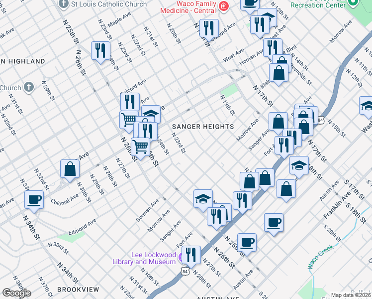 map of restaurants, bars, coffee shops, grocery stores, and more near 2217 Cole Avenue in Waco