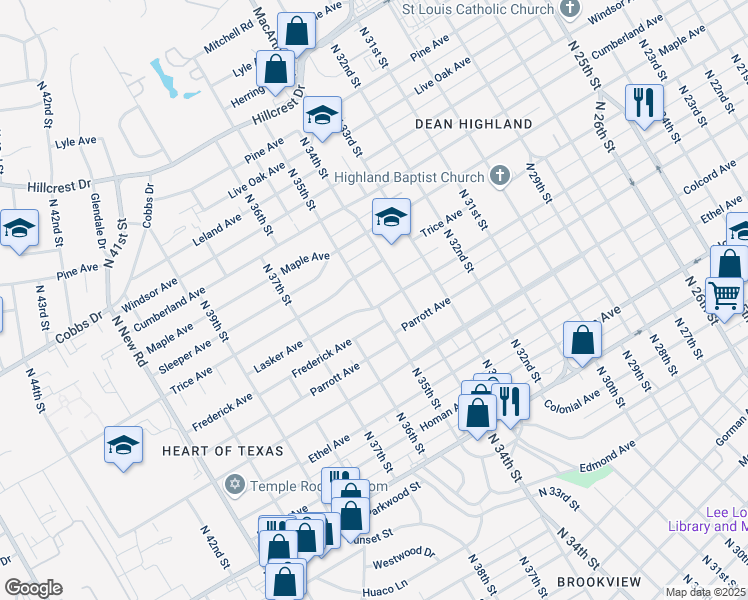 map of restaurants, bars, coffee shops, grocery stores, and more near 3409 Lasker Avenue in Waco