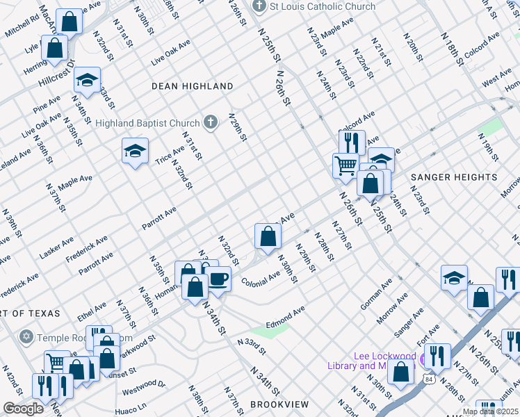 map of restaurants, bars, coffee shops, grocery stores, and more near 2999 Ethel Avenue in Waco