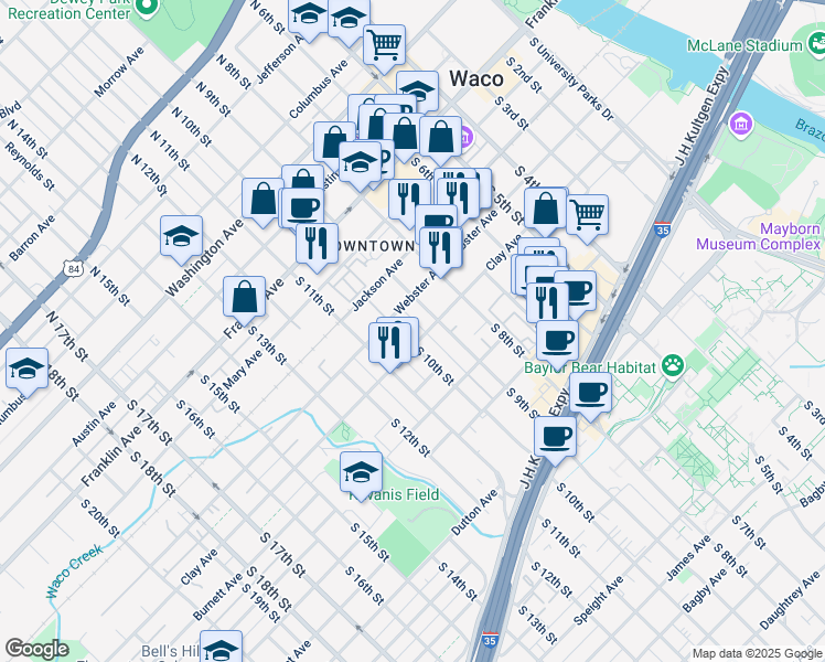 map of restaurants, bars, coffee shops, grocery stores, and more near 905 Clay Avenue in Waco