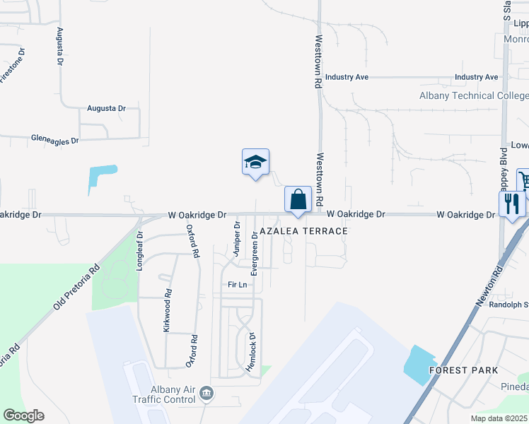 map of restaurants, bars, coffee shops, grocery stores, and more near 1425 West Oakridge Drive in Albany