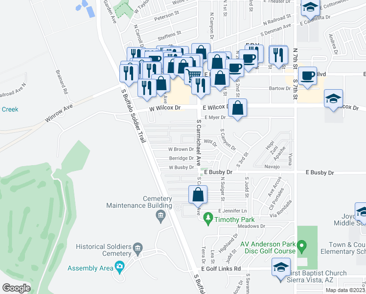 map of restaurants, bars, coffee shops, grocery stores, and more near 165 West Brown Drive in Sierra Vista