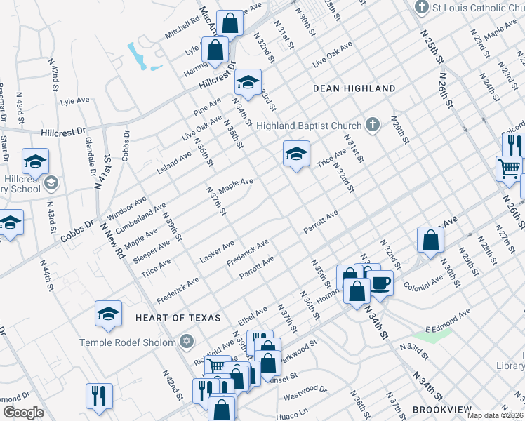 map of restaurants, bars, coffee shops, grocery stores, and more near 3500 Trice Avenue in Waco