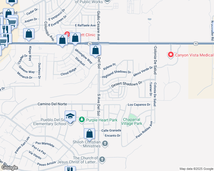 map of restaurants, bars, coffee shops, grocery stores, and more near 5277 Cedar Springs Drive in Sierra Vista