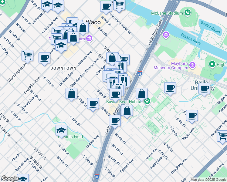 map of restaurants, bars, coffee shops, grocery stores, and more near 812 South 7th Street in Waco