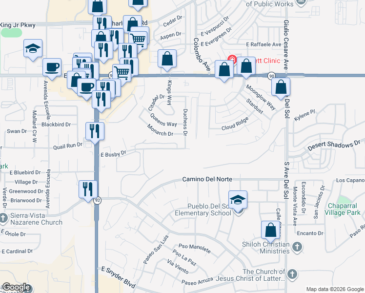 map of restaurants, bars, coffee shops, grocery stores, and more near 4669 Desert Springs Trail in Sierra Vista